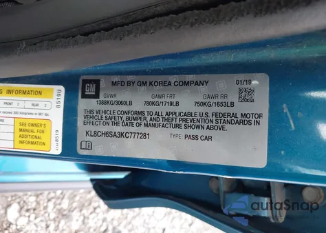 2019 Chevrolet Spark Activ Cvt z USA, uszkodzony, nr VIN KL8CH6SA3KC777281